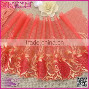 Nylon Net Cloth Gold Thread Red 7.8" Super Non-Strech Soft Warp Knitted Embroidery African Lace Fabrics thumbnail-1