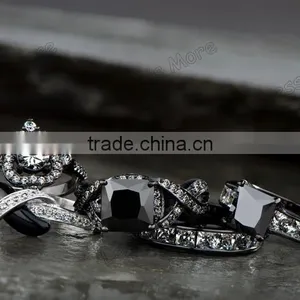 Princess Cut Black CZ Engagement Ring With Band thumbnail-4
