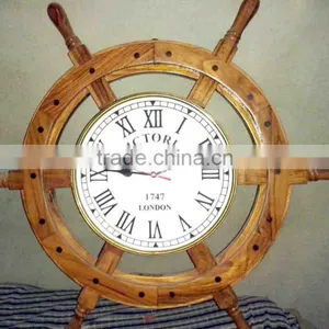 Brass Inlay Wood Nautical Style Ship Wheel Clock, Victoria Station Ship Wall Clock thumbnail-1