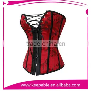 Women's Floral Print Pin Up Boned Overbust Waist Cincher Corset Red Top thumbnail-1