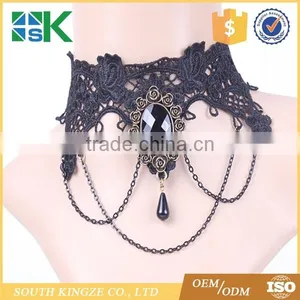 Black Lace Pearl Necklace European American Retro Jewelry Inlaid With Precious Stones Fake Collar Lace Chokers for Women thumbnail-1
