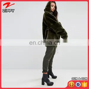 Garment in China Women Khaki Oversized Hoodie Coat In Faux Fur thumbnail-4