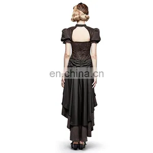 Steampunk Punk Rave Black Brown Short Puffed Sleeves High-low Long Dress Q-315 thumbnail-4
