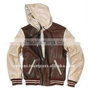 Hooded Lettermanl Versity Jacket Made by Leather With Customized Logo thumbnail-1