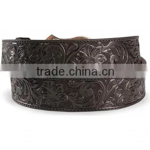 Western Cowboy Style Floral Emboss Black Genuine Leather Longhorn Buckle Belt thumbnail-2
