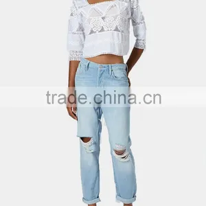 Blue Distressed Holes Denim Pants With Straight Leg Girls Sex Leg Jean Pant Dubai Girl Photo thumbnail-5
