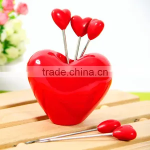 Factory Wholesale Stainless Steel Red Heart Shaped Fuit Fork Set thumbnail-1