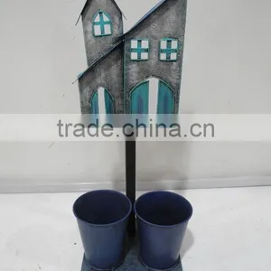 Home and Garden Decorative Planter Box With 2 Metal Pots in House Shape and Window Pane Design thumbnail-2