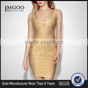 MGOO High Quality Wholesale OEM/ODM Gold Bandage Spandex Dress For Ladies Mini Bodycon Sheath Sexy Club Dress H838 thumbnail-2