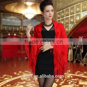 High Quality Beige Female Cashmere Shawl Rabbit Fur Pashmina Triangle Scarf Tassels Wrap thumbnail-1
