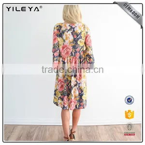 With Sleeve Korean Women Sexy Summer Floral Midi Dress thumbnail-3
