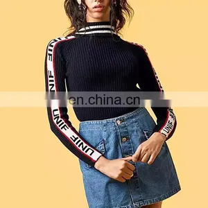 2017 Elasticity High Neck Knitted Jumpers Printed Black Sweater Winter Women thumbnail-1