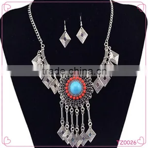 Fashion Jewelry Vintage Look National Style Turquoise Jewelry Set Long Chain Necklace Set thumbnail-1