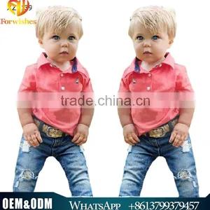 2016 New Arrival Fashion Children Clothing Boy Outfits Handsome Boy Red Cotton Shirt+jean Pants 2pcs Suit Set thumbnail-1