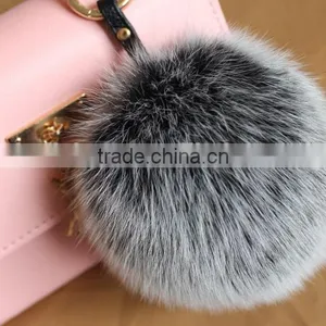 New Arrival Hot Selling 100% Real Fox Fur Pom Pom Leather Key Rings thumbnail-5