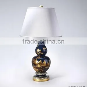 Hand Painting Antique Table Lamp With Shade, Imitated Calabash Desk Lamp, Cobalt Blue Carved Wooden Decor Lamp thumbnail-1
