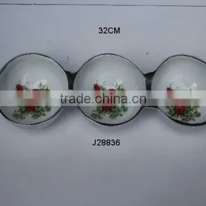 Cast Aluminium Three Compartment Round Bowl With Enamel and Floral Patterns Also Available in Food Safe Enamel and Metal thumbnail-1