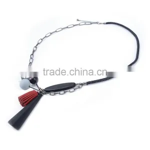 Geometric Wood Bead Rubber Strip Pendant Necklace Velvet Leather Tassel Necklace Chain Linked Suede Leather Necklace thumbnail-4