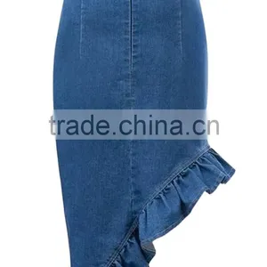 2015 New Fashion Asymmetrical Ruffled Denim Pencil Mini Short Skirt thumbnail-3
