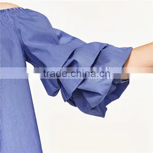 2017 OEM Spring Cute Pleated Vertical Stripes Off Shoulder Blouse thumbnail-4