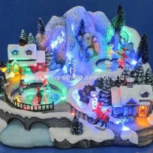 Polyresin Christmas Decoration 11“ Fiber Optic Church With Rotating Tree and Skating Childs, Eight Songs Music thumbnail-5