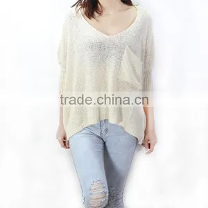 Lady Summer Low Round Neck Pullover Sweater Female Bat Sleeve Hollow Loose Sweater thumbnail-6