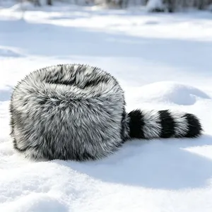 Custom Made Hat OEM Service Vintage Faux Fur Winter Warm Pillbox Cap With Striped Tail thumbnail-3