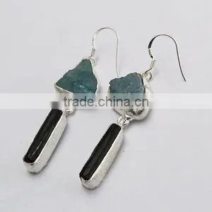 New Style Rough Aquamarine & Black Onyx 925 Sterling Silver Earring, 925 Stamped Silver Jewelry, Buy Silver Jewelry thumbnail-1