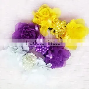 White, Grape, Yellow Shabby Flower Trim Wholesale-- Pearl Rhinestone Flower-shabby Rosette Flower- Chiffon Hair Flower thumbnail-1