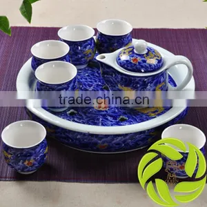 China Wholesale Professional Hand Printing Bone Teaset 350ml Tea Kettle and 6pcs 100ml Teacup and Ceramic Tea Tray thumbnail-1