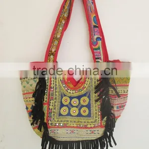 Leather Fringe Hand Bag Vintage Banjara Handbag Gypsy Jari Banjara Bag thumbnail-2