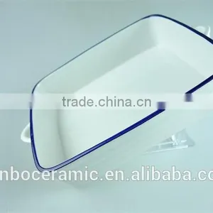 White Blue Line Zakka Style Enamel Ceramic Baking Dish With Handles Rectangular Baking Dish thumbnail-4