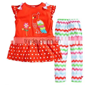 2016 Casual Kids Summer Single Jersey Knitting Bird Embroidery P[olka Dot Patterns Tops With Wave Stripe Pants Two Pieces Set thumbnail-1