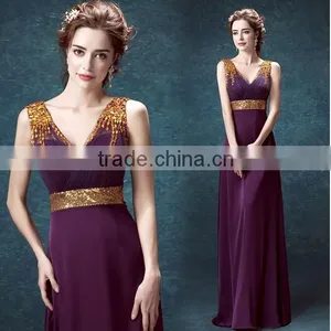Formal Purple Satin Beaded v Neck Evening Beach Party Wear Dress thumbnail-1
