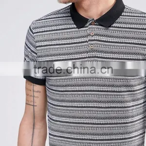 Best Sell Custom Men Short Sleeve Striped Yarn Dyed Classic Collar Polo Shirt With All Over Aztec Print Custom Logo thumbnail-2