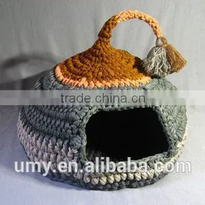 Crocheted Cat Cave Pet House Pet Bed Gray And Brown With Tassel For Playing thumbnail-1