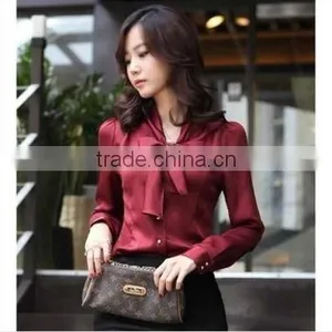 F20046B Korea Style Long Sleeve Bowknot Women Blouse Slim Tops Design thumbnail-2