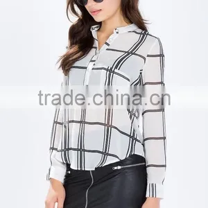 2015 New Design Sheer Chiffon Ladies Blouse Grid Print Blouses Wholesale thumbnail-4