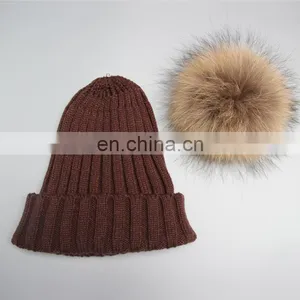 Wholesale Latest UK Style Acrylic Crochet Hat With Raccoon Fur Poms Knit Hat thumbnail-6