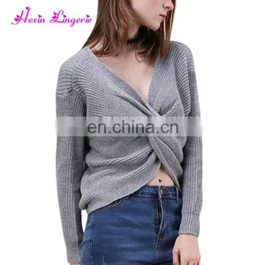New Arrival Sexy Gray v Neck Ladies Fancy off Shoulder Custom Knitted Cashmere Sweater thumbnail-2
