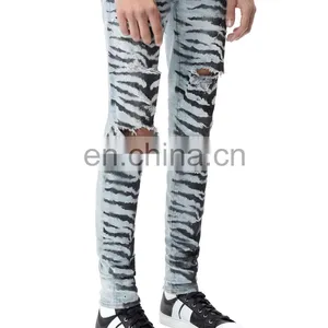 DiZNEW Tiger Pattern Destruction Skinny Denim Jeans Men for Male thumbnail-4