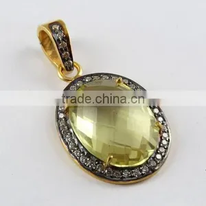Vintage Lemon Quartz & CZ 925 Sterling Silver Pendant, Gemstone Silver Jewelry, Handmade Silver Jewelry thumbnail-1