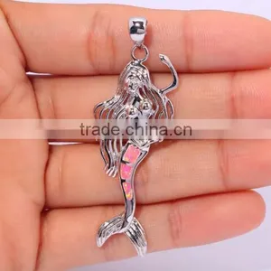 Rhodium Plated Mermaid Jewelry 925 Sterling Silver Synthetic Blue Opal Mermaid Pendant Quality Choice thumbnail-4