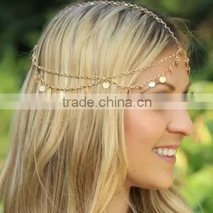 2016 Hot Fashion BOHO Style Gold Small Coins Hair Jewelry Wedding Head Chain thumbnail-1