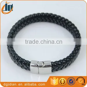 Fashion Rose Gold Bracelet and Black Leather Stainless Steel Bangle thumbnail-5