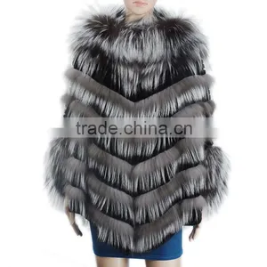 Women Beautiful Fur Poncho Silver Fox Fur Poncho Rex Rabbit Fur Poncho Sale KZ150082 Supplier's Choice thumbnail-1