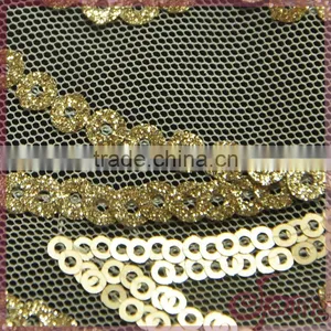 Gold Metallic Embroidery Mesh Fabric, Elegany Floral Embroidered Sequin Fabric thumbnail-4