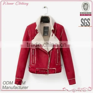 2015 Trendy Red Lapel Collar Short Women Winter Jacket With Shearling thumbnail-1