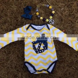 2015 Baby Girls Yellow Chevron Navy Dot Anchor Cotton Romper With Matching Necklace and Bow Set thumbnail-1