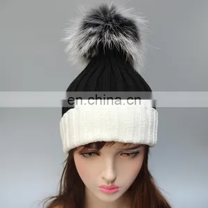 Women Raccoon Fur Poms Hat With Large Poms Wholesale China Knitting Fur Poms Hat thumbnail-2